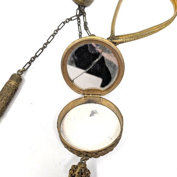 SOLD Antique Victorian Chatelaine Cosmetic Bag Frame Gold Tone Filigree - Picture 6 of 16